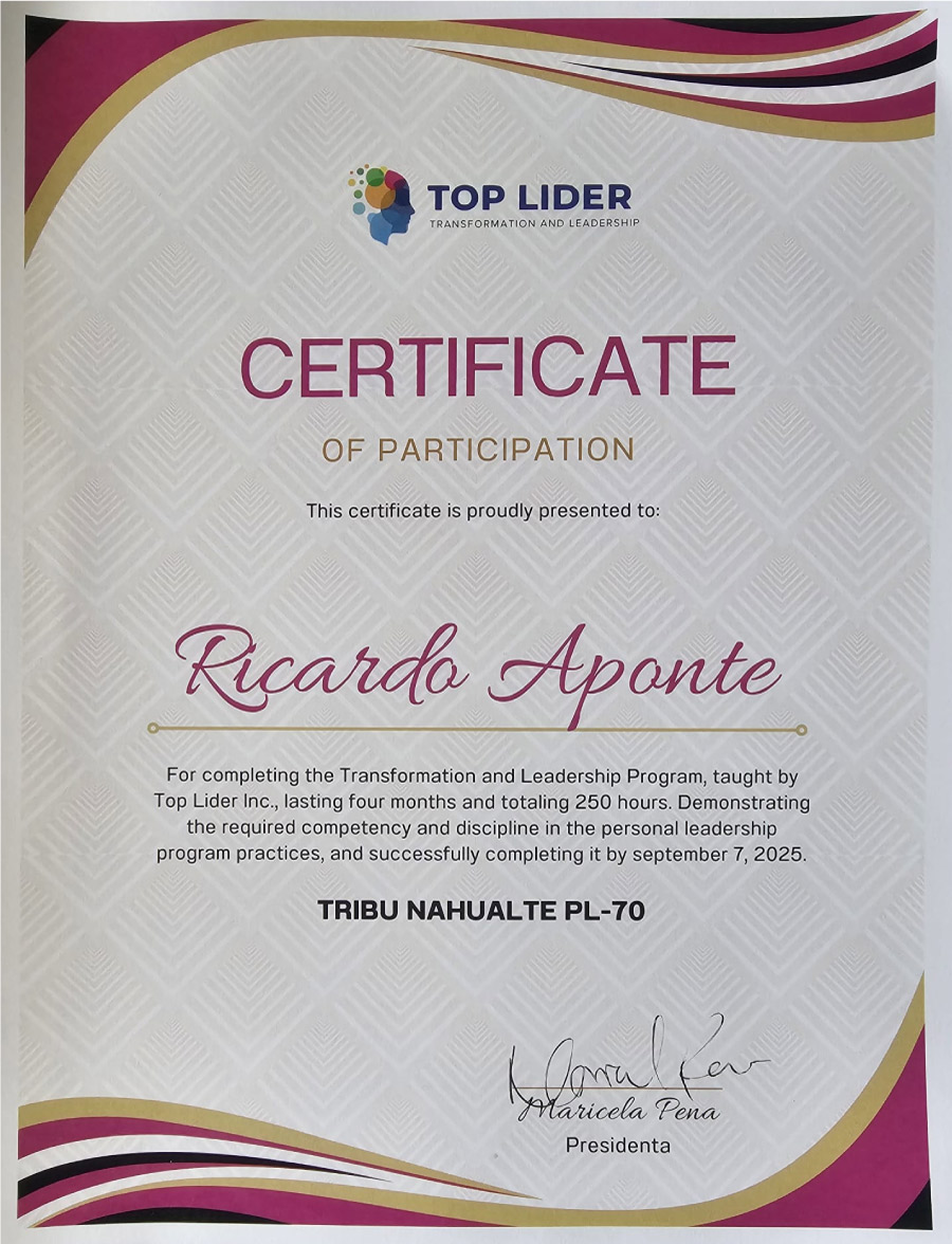 certificate certificado de participacion de ricardo aponte como top lider