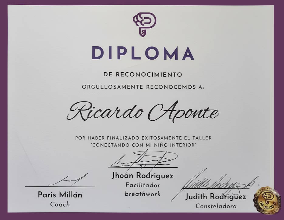 diploma diploma de reconocimiento de ricardo aponte, creador de vortice centro de bienestar