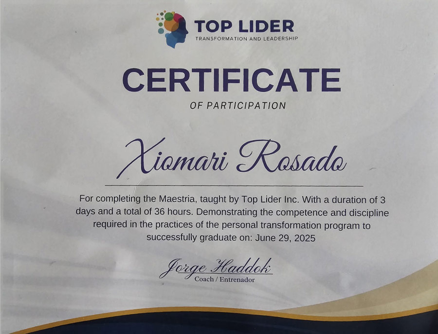xiomari-certificate xiomari rosado certificado de top lider